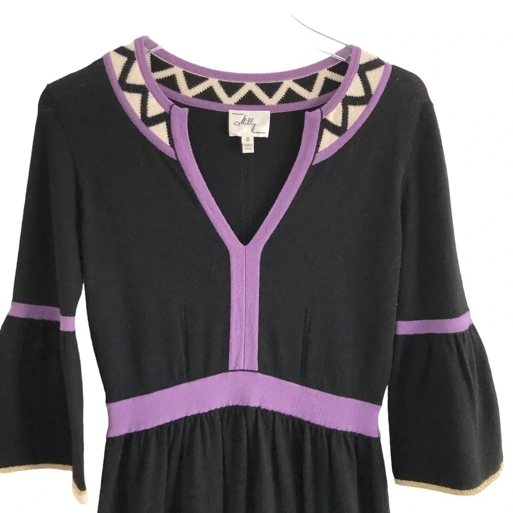 Milly Black Merino Wool Chevron Knit Sweater Dress Bell Sleeve Small